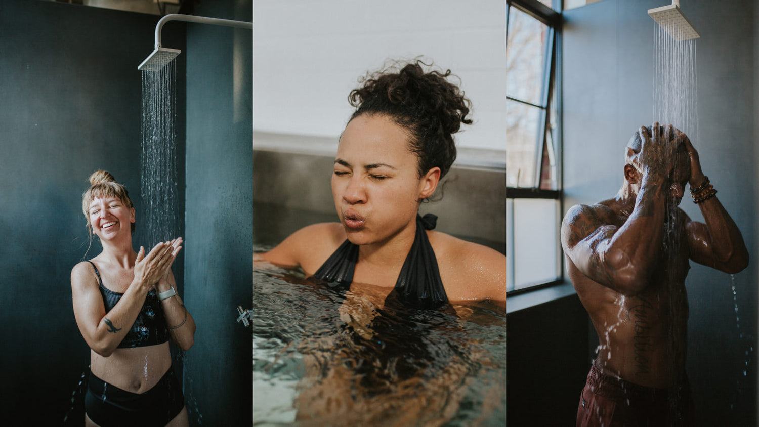 People cold showering and cold plunging at Sauna House Asheville