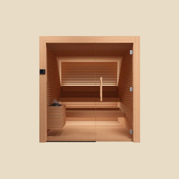 Lumina Mini front view of illuminated sauna cabin
