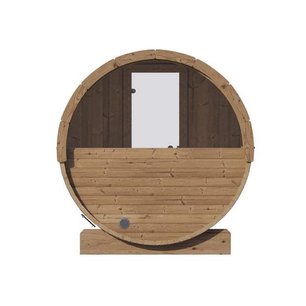 Back view of SaunaLife barrel sauna with rear window