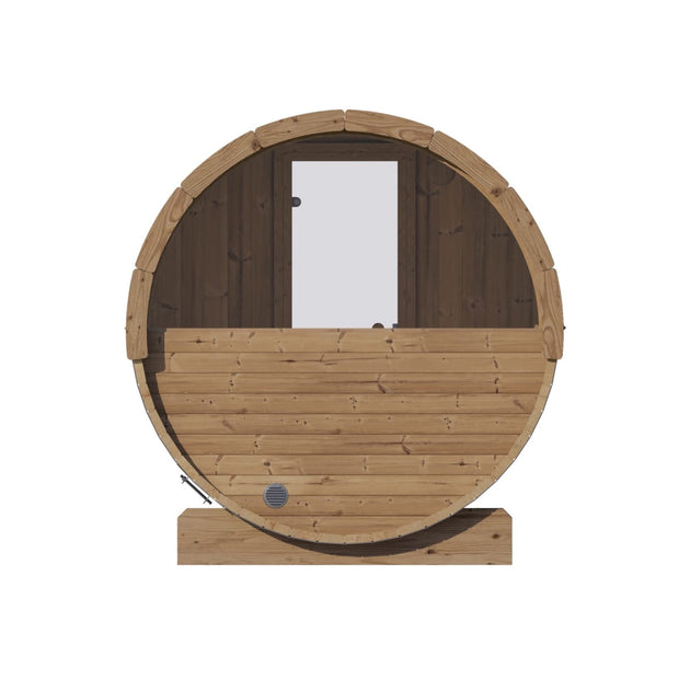 Back view of SaunaLife barrel sauna with window