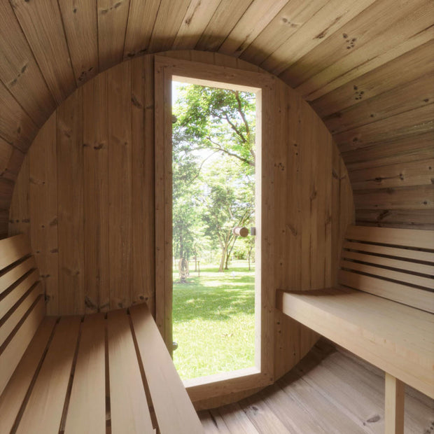 View from inside the SaunaLife barrel sauna looking out of the glass door
