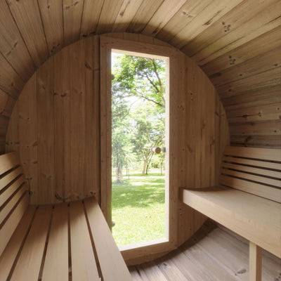 Inside of the SaunaLife barrel sauna looking out of the glass window