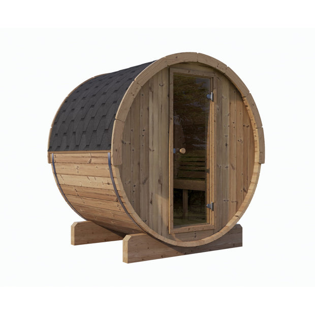 Angled front view of the SaunaLife barrel sauna