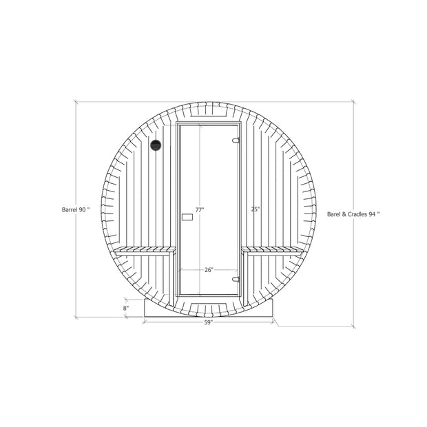 4 person barrel sauna with porch front view diagram