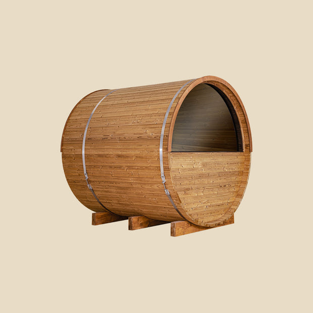 Angled view of the back of the barrel sauna