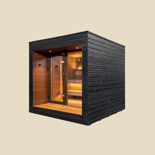 Angled view of the Arti sauna cabin