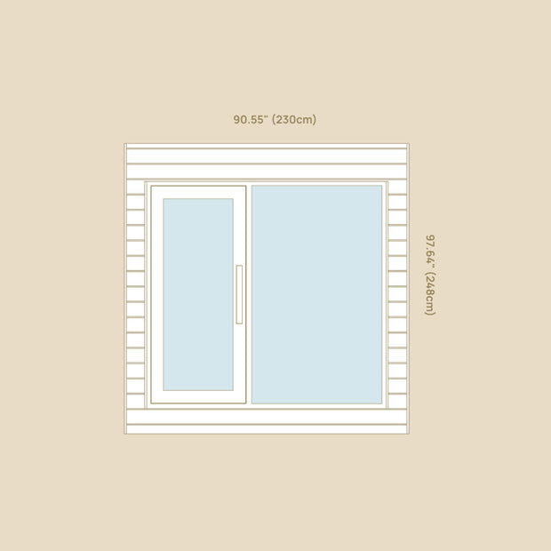 Front view schematics and dimensions of the Arti sauna cabin
