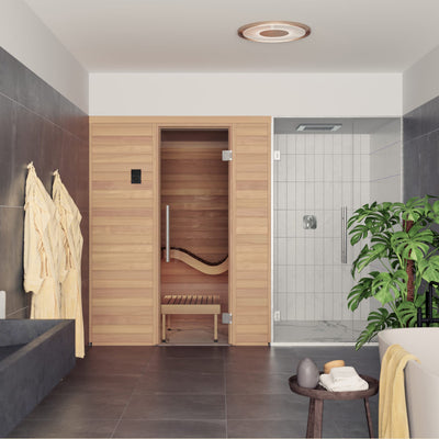 Baia sauna cabin installed in a bright bathroom