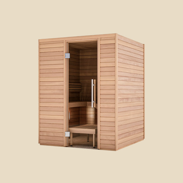 Angled view of the Baia sauna cabin