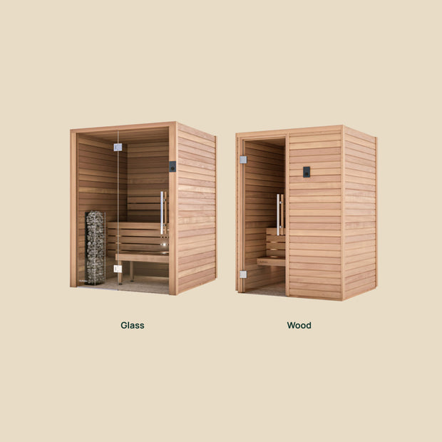 Cala Glass and Cala Wood sauna cabins side by side comparison