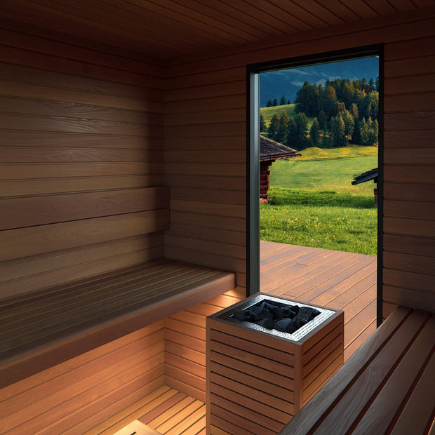 Inside the Garda sauna with LED lighting on the thermo-aspen sauna benches and a beautiful view through the large window