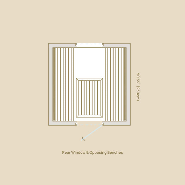 Top view spec drawings for the Garda with rear window and opposing benches