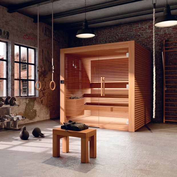 Nativa sauna installed in a home gym with LED backrest lights