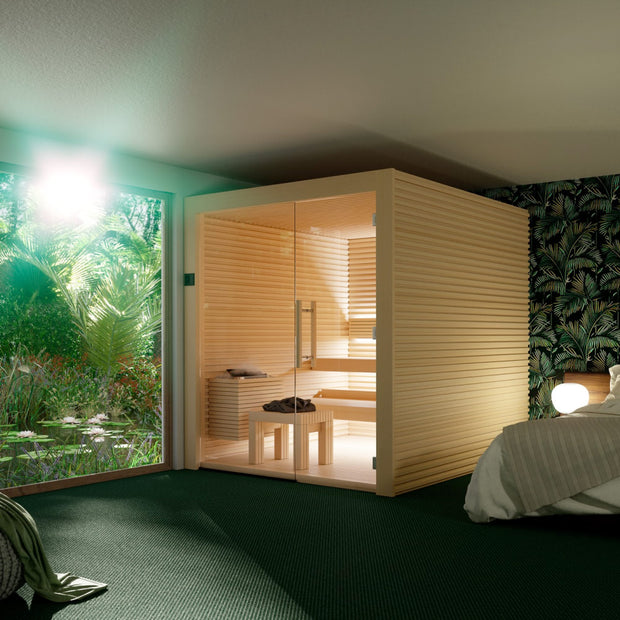 Nativa sauna cabin installed in a bedroom with a tropical view
