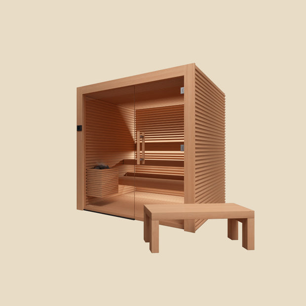 Side view of the Nativa sauna cabin and sauna bench