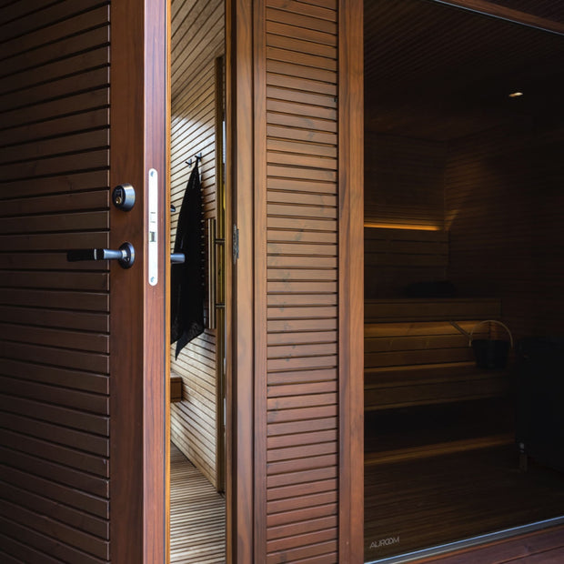 Up close view of the entry door to the lounge area of the Aurrom Natura