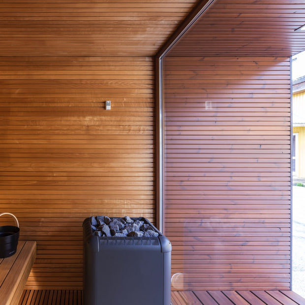 View from inside the sauna space looking through the large window towards the front porch area