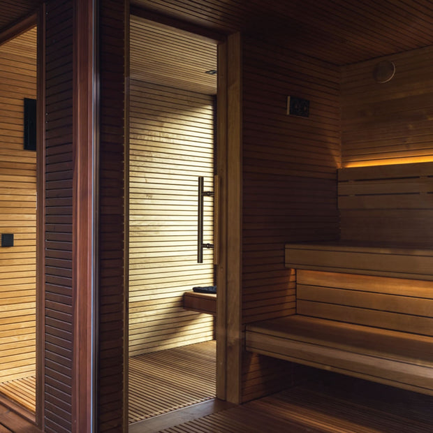 View of the sauna benches looking through to the lounge area