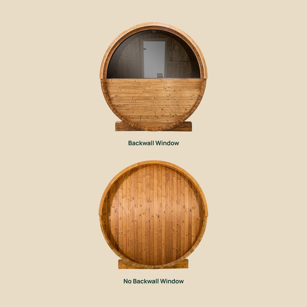 Barrel sauna back view comparisons with and without backwall window