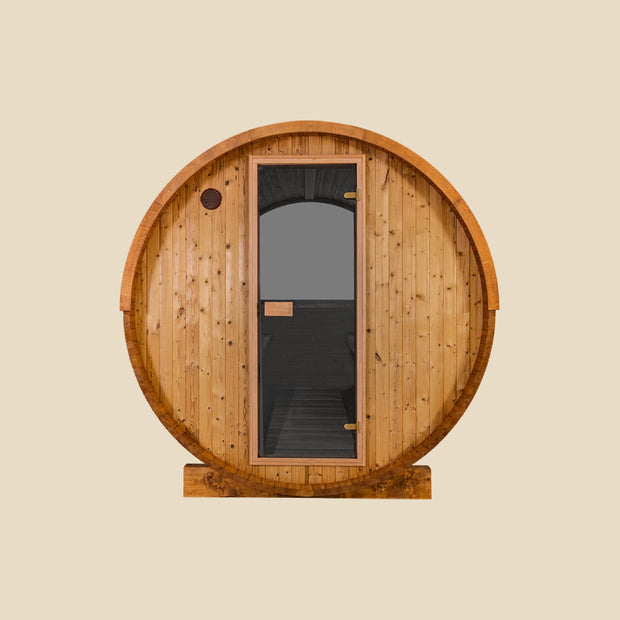 Front view of the barrel sauna