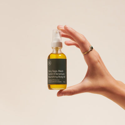 Person holding mini Clary Sage & Geranium Body Oil